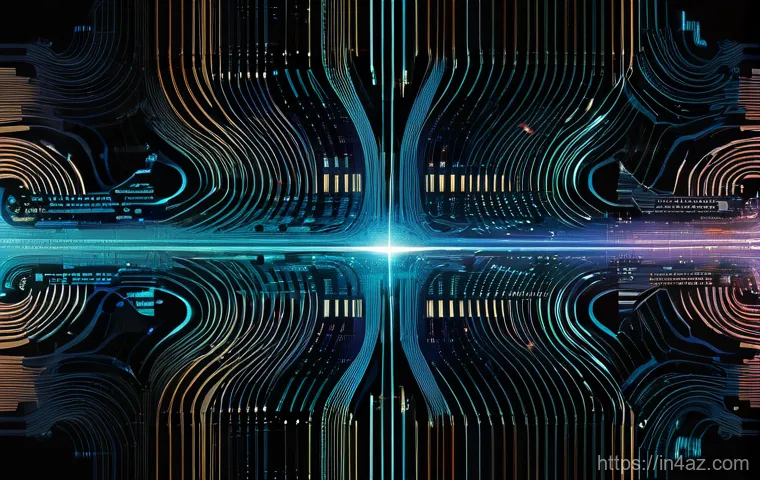 UUID 생성 알고리즘별 충돌 확률 수학적 분석 - A highly stylized, futuristic data center with intricate, glowing circuits and ethereal data streams...