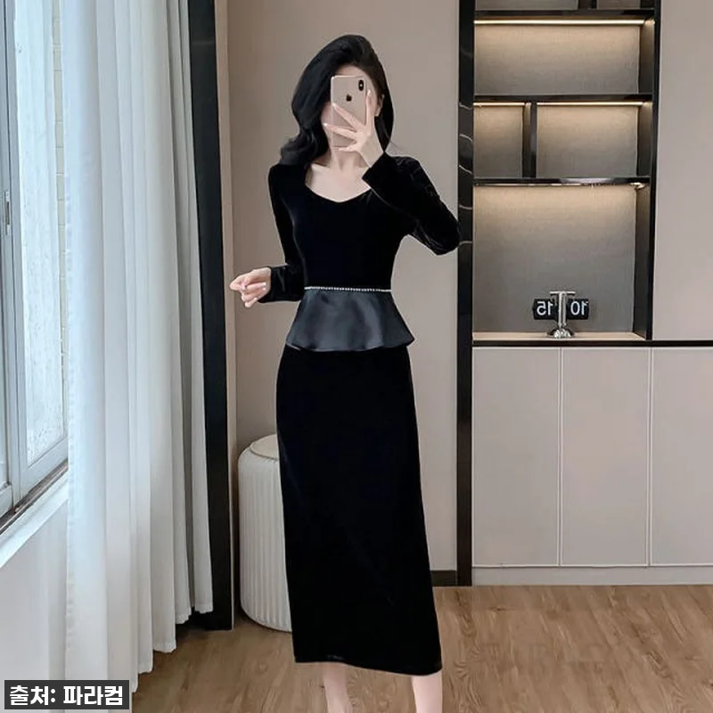 벨벳 슬림 긴팔 드레스 여성용 파티 관련 이미지 1
