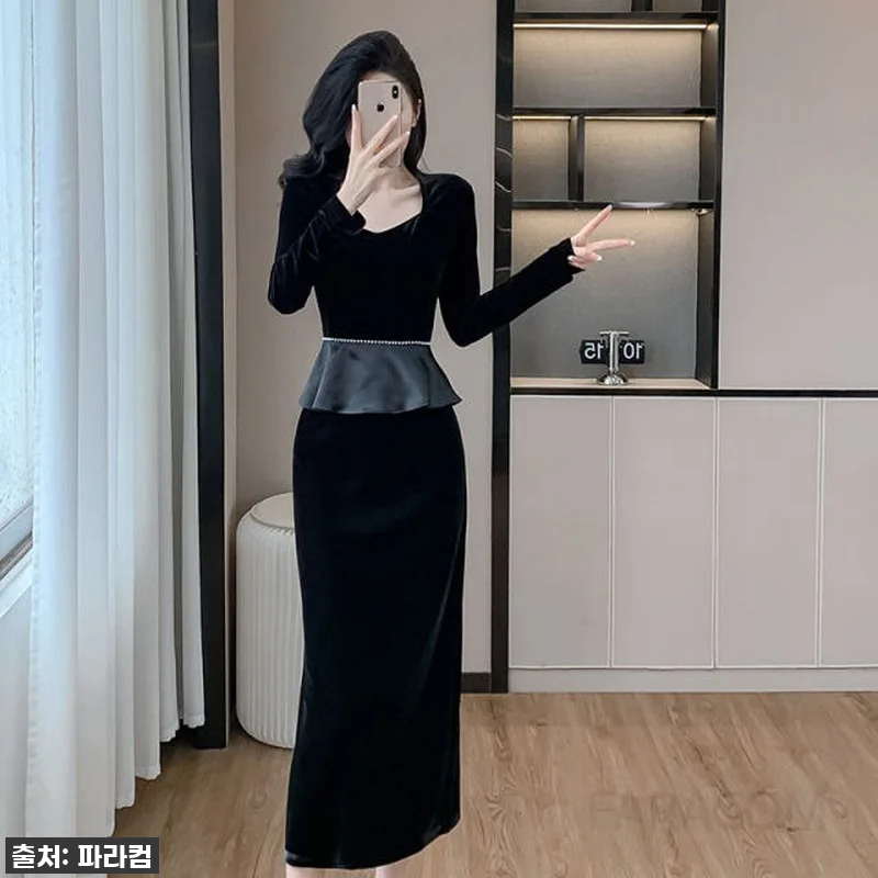 벨벳 슬림 긴팔 드레스 여성용 파티 관련 이미지 2