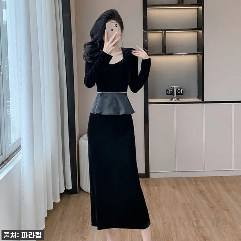 벨벳 슬림 긴팔 드레스 여성용 파티 관련 이미지 3