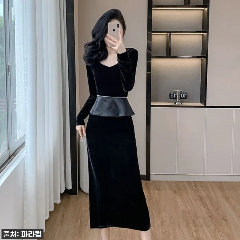 벨벳 슬림 긴팔 드레스 여성용 파티 관련 이미지 4