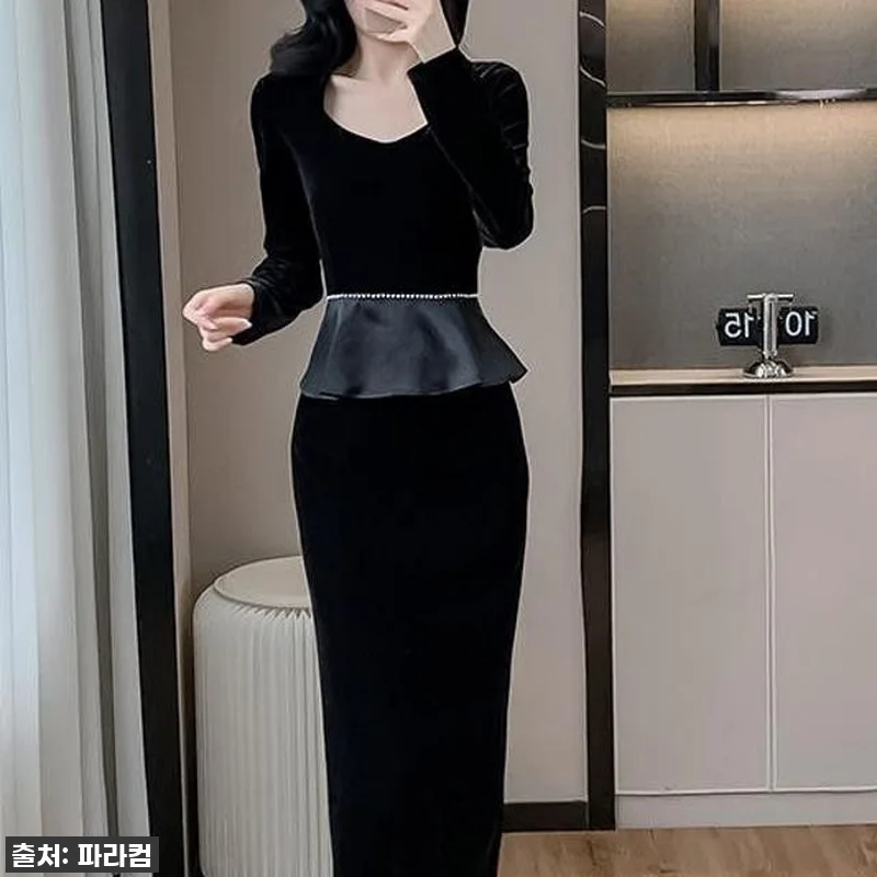 벨벳 슬림 긴팔 드레스 여성용 파티 관련 이미지 5