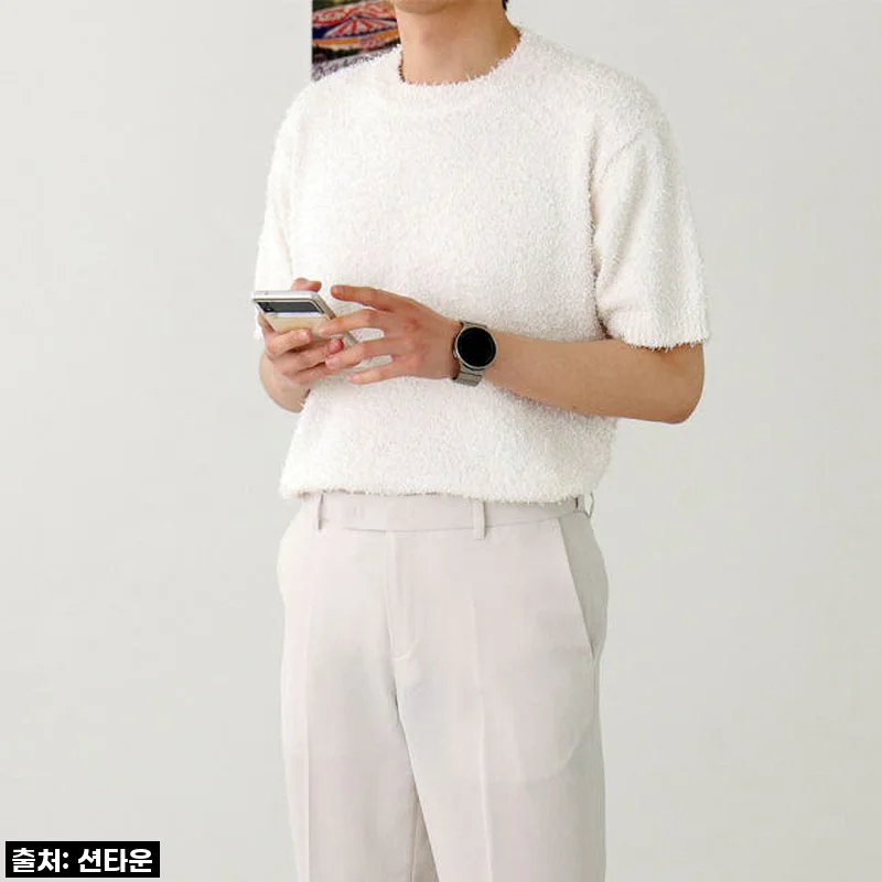 남자반팔니트 오버핏 트위드 라운드 남자반팔티