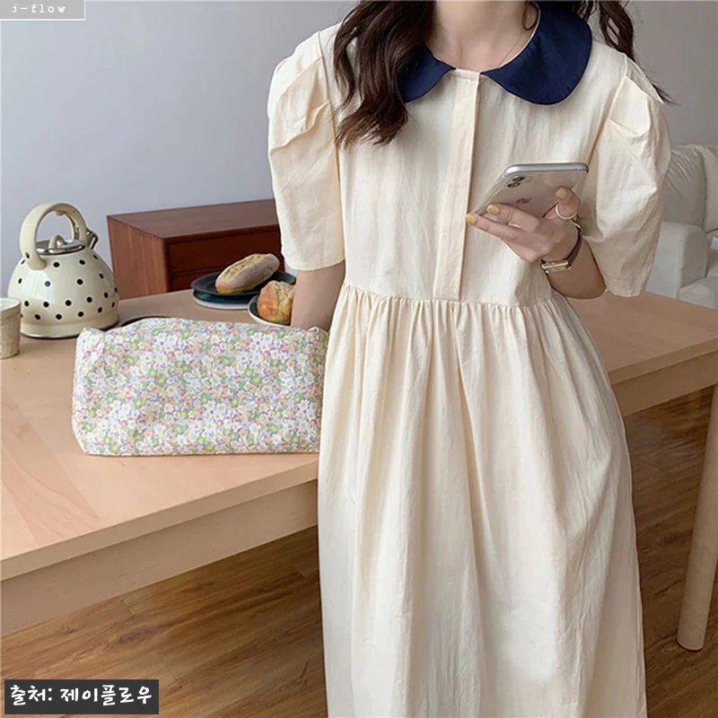 코코미 둥근카라 배색 코튼 롱원피스, 관련 이미지 1