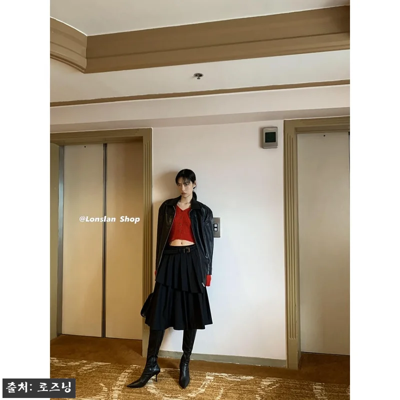 더블 레이어 플리츠 A라인 미디 스커 관련 이미지 1