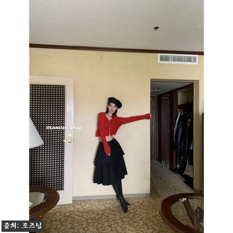 더블 레이어 플리츠 A라인 미디 스커 관련 이미지 2