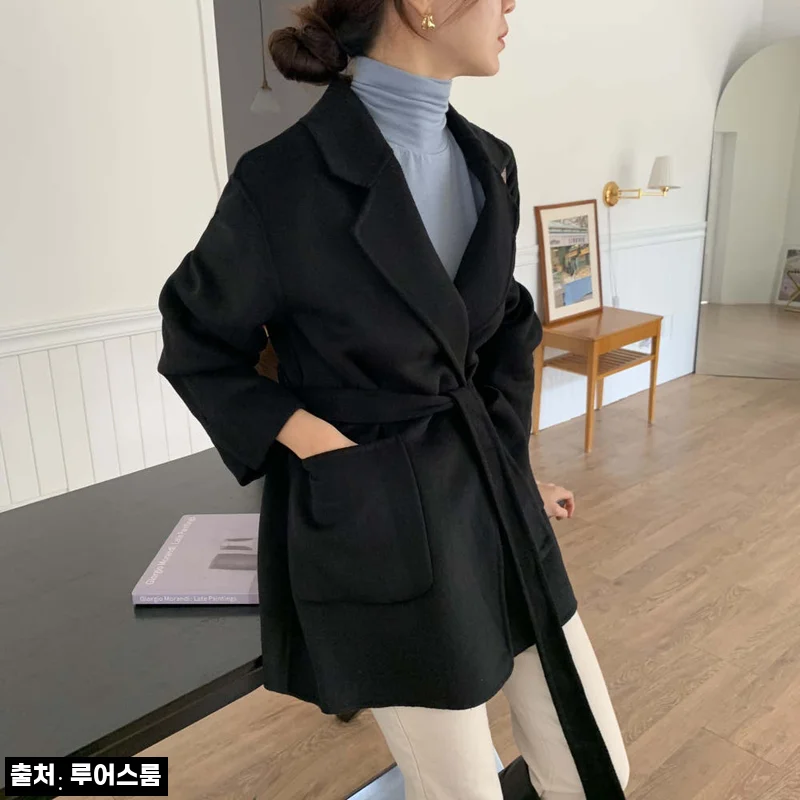 뉴욕 여성 벨트 허리끈 울코트 블랙, 겨울 하프코트로 눈여겨볼 이슈템