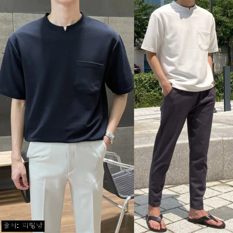 1+1 남자 퀸란 여름 넥슬릿 포켓 라운드 반팔티, 여름 데일리룩으로 눈여겨볼 이슈템